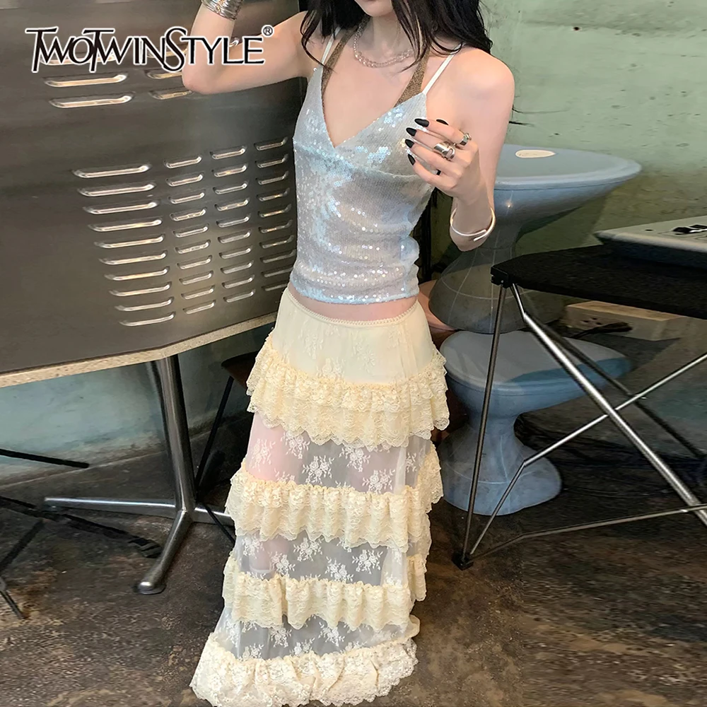 

TWOTWINSTYLE Patchwork Lace Mesh Skirts for Women High Waist Solid Casual Loose A Line Long Skirt Female Fashion Clothing 2026