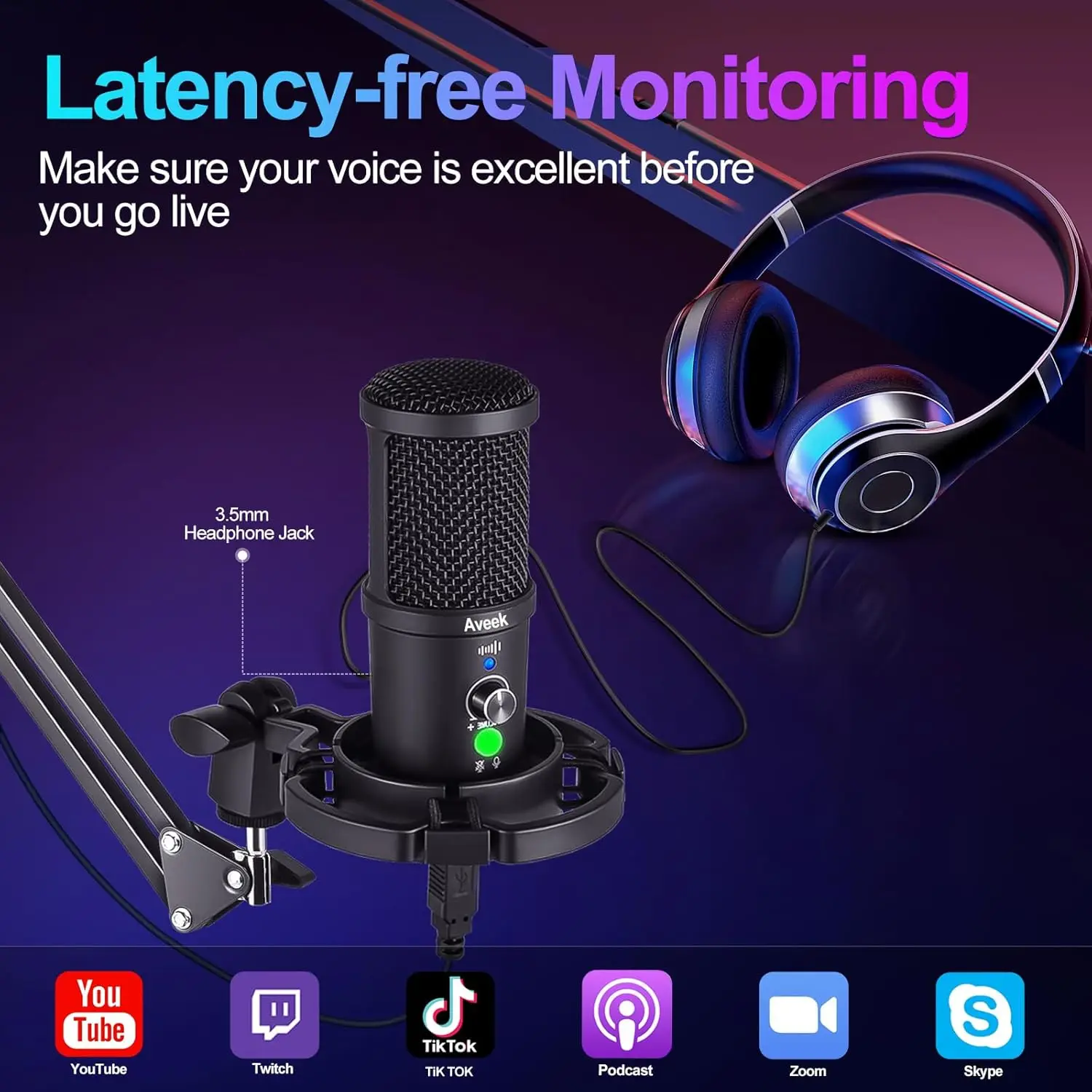 Aveek Gaming USB Microphone, Noise Cancellation Condenser mic for Pc, Podcast Microphone,with Boom Bracket,for Gaming,Podcasting