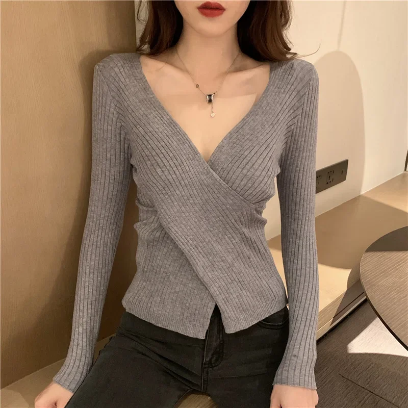 

2024 new knitwear V-neck sweater women's bottoming shirt inside out fall and winter long-sleeved cross Slim knit tight tops