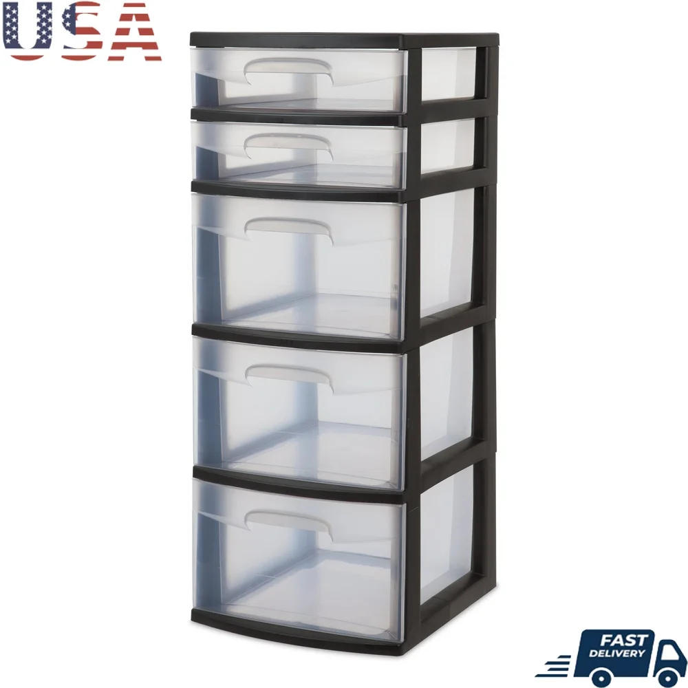 

5-Drawer Storage Tower Clear Compartment Organizer Plastic Easy Open Sliding Drawers Versatile Toys Bathroom Office Craft