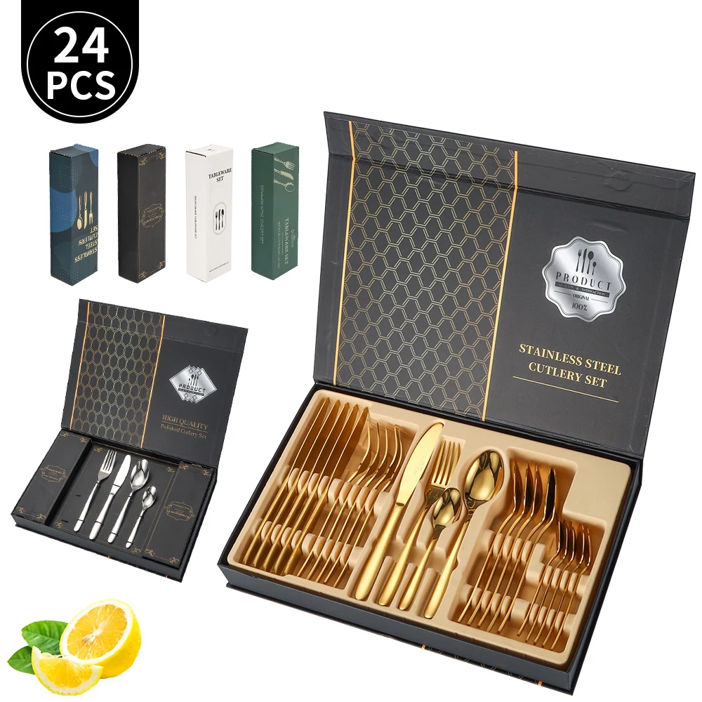 

B Style 24-Piece Gold Cutlery Set Stainless Steel Cutlery Gift box Set - Mirror Polished Luxury Western Steak Knife And Spoon