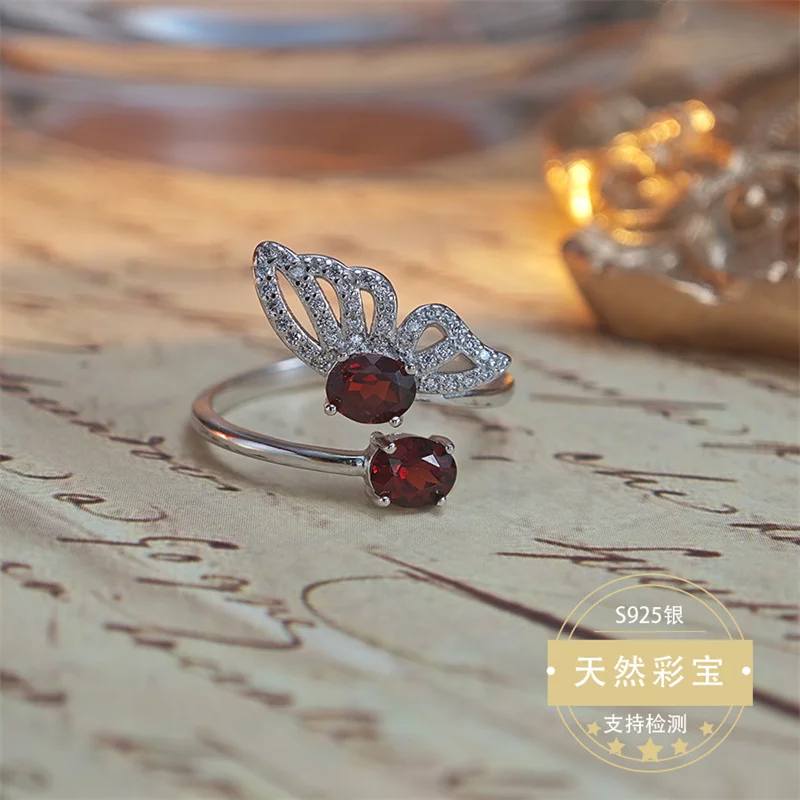 Real 925 Sterling Silver Natural Garnet Wedding Resizable Size Ring for Women Girl Birthday Gift