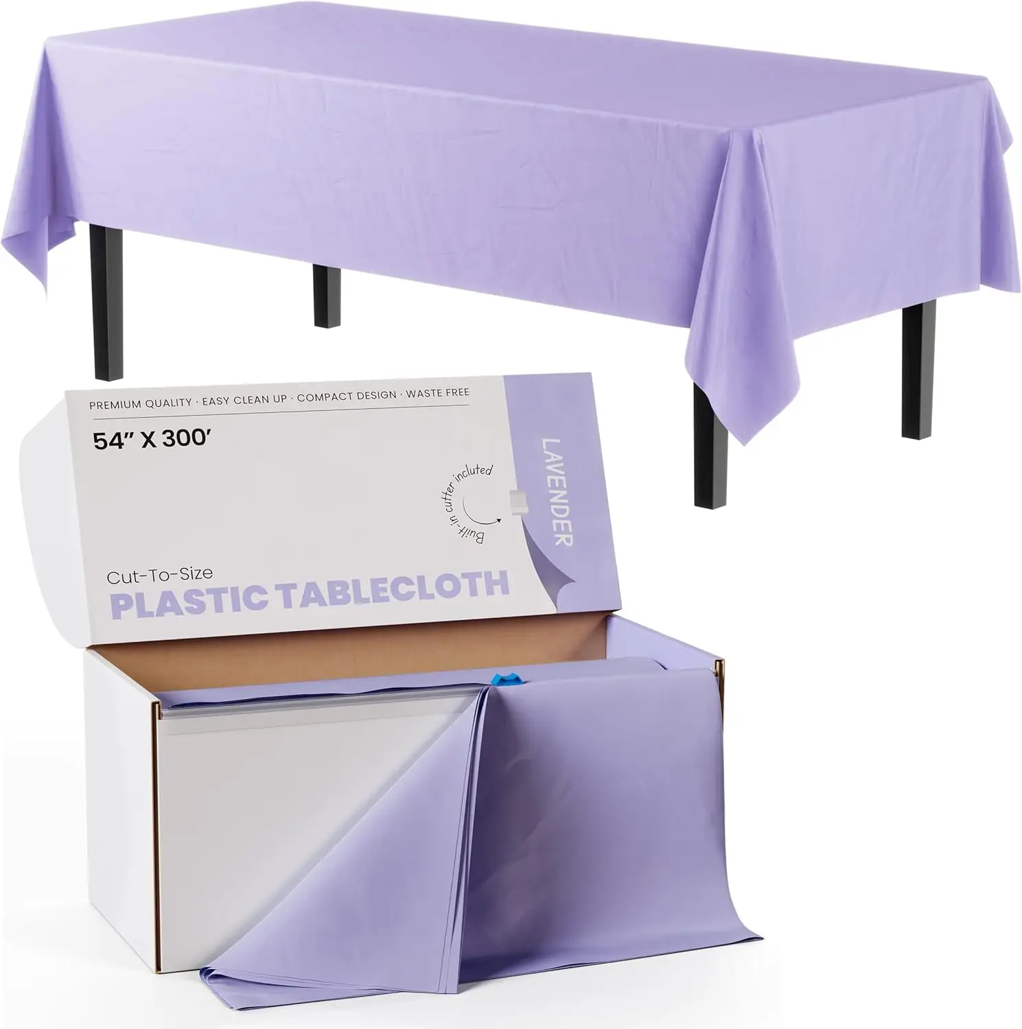 

54 Inch X 300 Feet Lavender Plastic Table Cover Roll in A Cut - to - Size Box with Convenient Slide