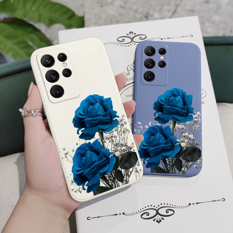 Blue Rose Lily Phone Case For Samsung Galaxy S24 S23 S22 S21 S20 Ultra Plus Fe S10 S9 S10e Note 20 Ultra 10 9 Plus Cover