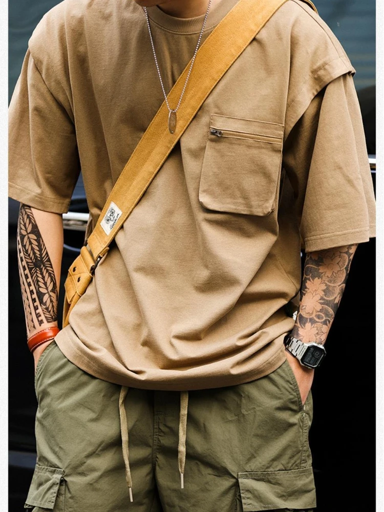 Men Causal Japanese Utility Tee - Vintage Washed Cotton w/ Chest Zipper Pocket & Layered Cuffs | Summer Mountain Core Essential