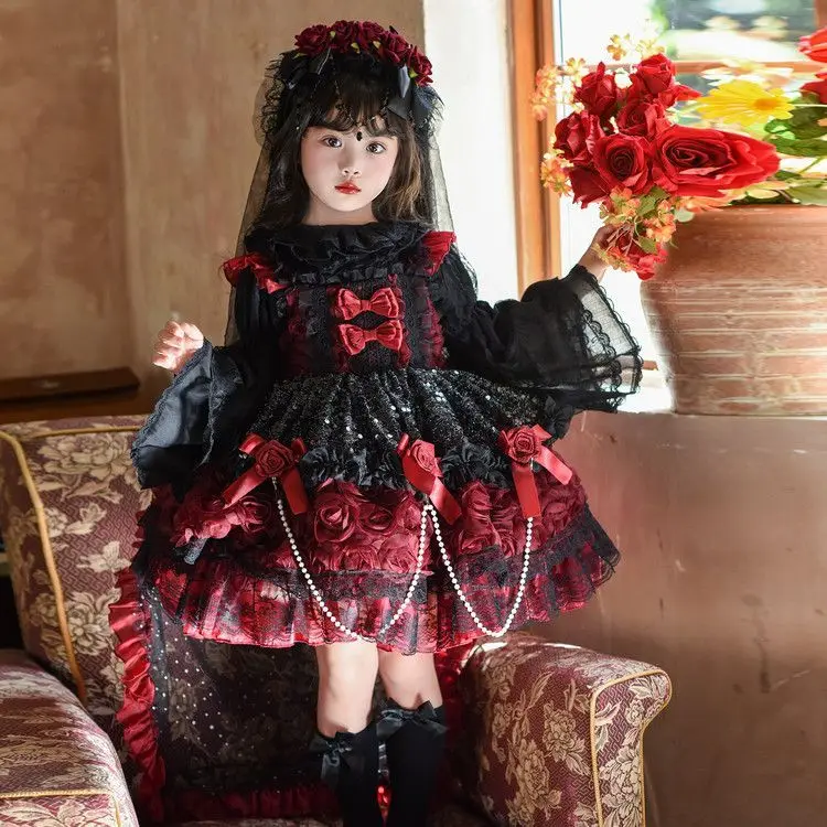 Autumn Winter Girls Pricess Lace Toddler Cute Baby Ball Gown Halloween Star Lolita Sundress+Base Shirt 2pcs Suit Party Clothes