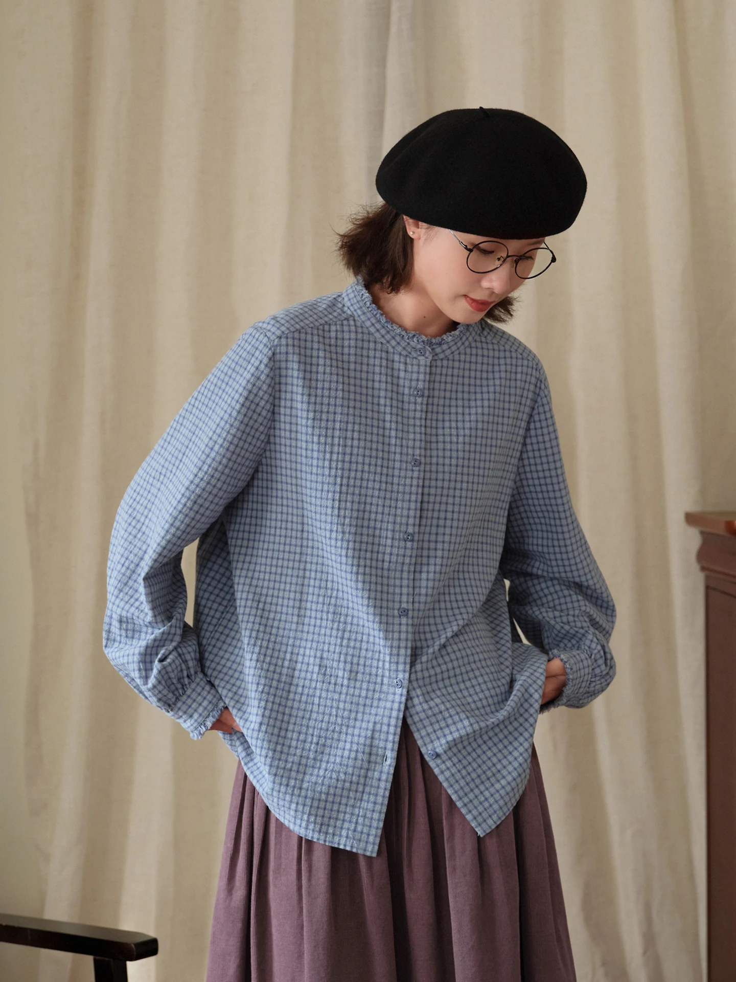 Original Pure Cotton Blue White Plaid Long Sleeve Shirt Women's Loose Fit Stand Collar Casual Style Autumn Top with  Trim