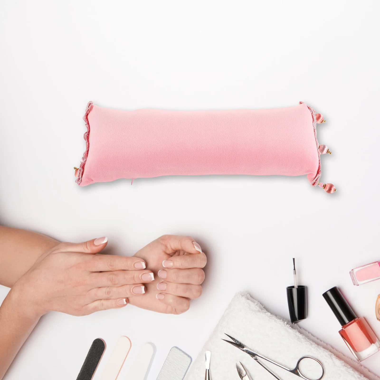 Travesseiro de descanso de mão para unhas com design elegante com borla, capa removível, esponja macia, descanso de braço confortável para manicure e tecnologia de unhas