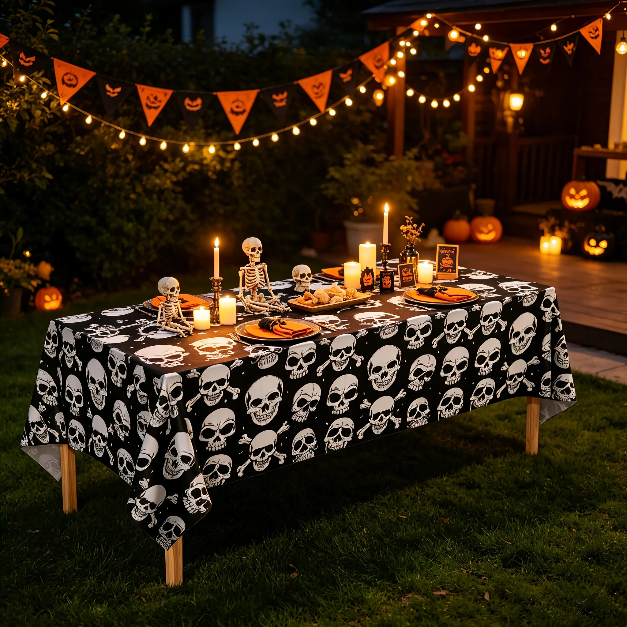Cool Black Background with Individual White Skull Pattern Tablecloth, Halloween & Dark Theme Party Table Cover, Outdoor Dining T