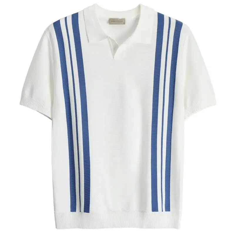 قميص بولو رجالي ياباني عصري من القطن والحرير الجليدي صيفي عالي الجودة بلون سادة وأكمام قصيرة