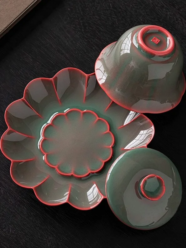 High-End Celadon Red and Green Tureen Ceramic Large Gaiwan Chinese Set Special Bowl