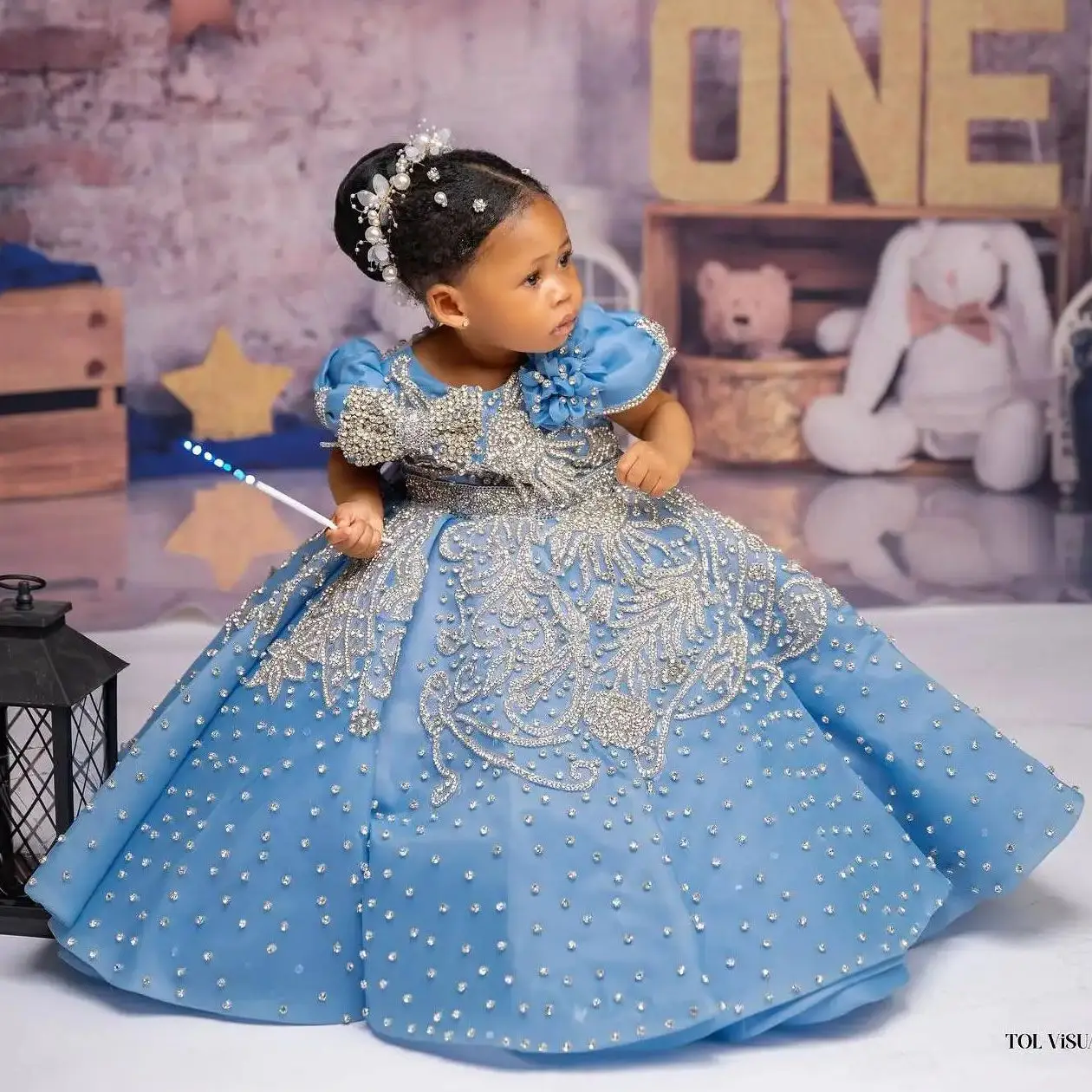 Luxury Sky Blue Girls Birthday Dress Customized Beading Bow Flower Girl Dresses Queen Ball Gowns for Wedding Party