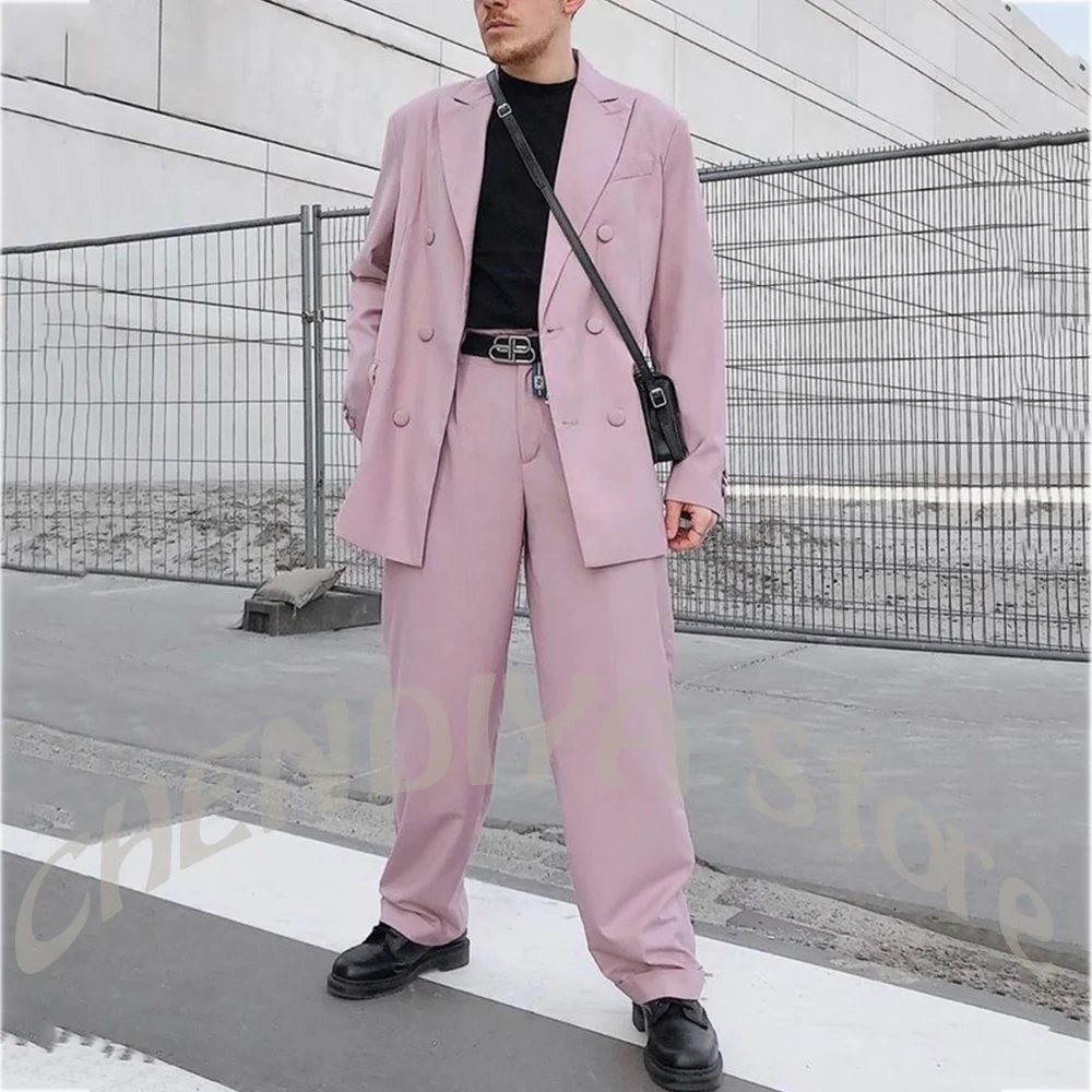 Dusty Pink Men Suit Set Fashion Oversized Double Breasted Stylish Look Loose Casual Streetwear Party Prom Outfit Two Piece