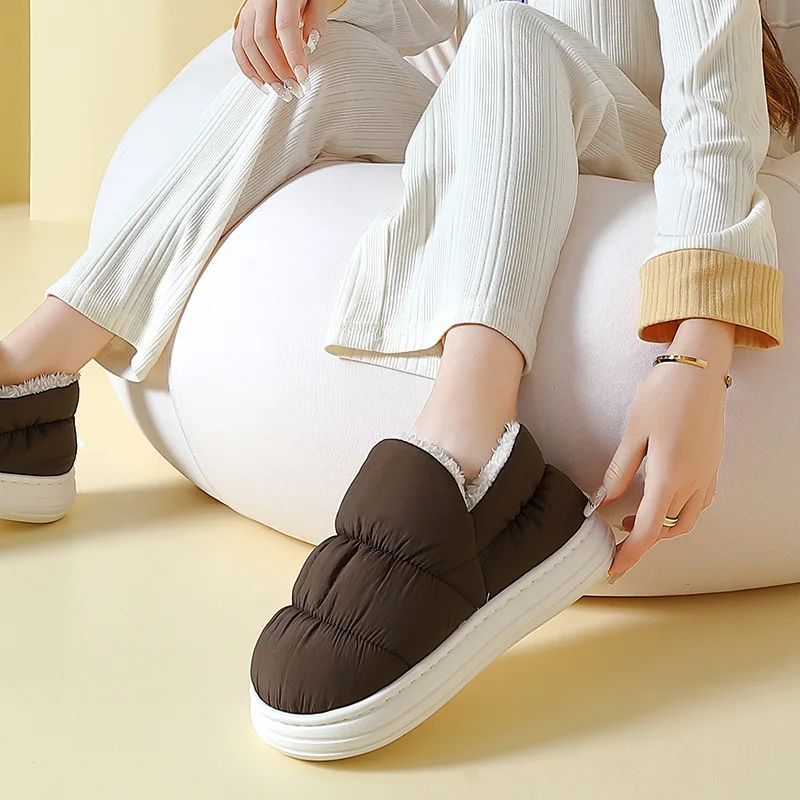 Unisex Winter Warm Cotton Slippers Waterproof Puffer Fabric Thick Sole Anti Slip Plush Lined Indoor Home outdoor boots shoes