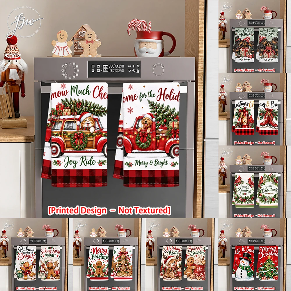 2pc Christmas Farmhouse Kitchen Towels Set Vintage Truck Xmas Dish Towels for Winter Holiday Cooking & Baking Decor