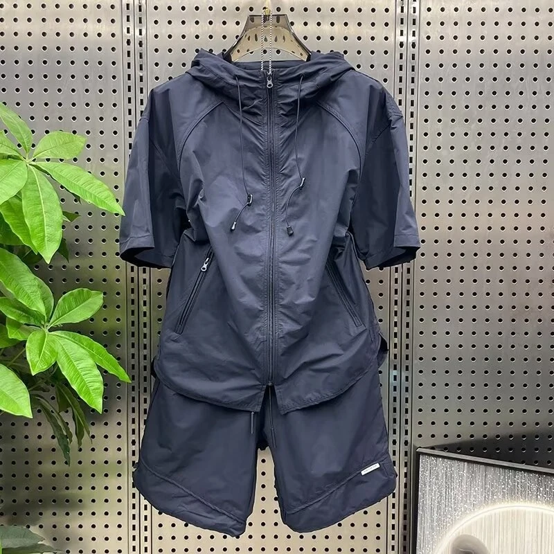 Men Summer Thin Outdoor Hooded Quick Dry Casual Set Trendy High Street Short Sleeve Top Shorts Korean Loose Couple 2 Pcs Outfit - view 2