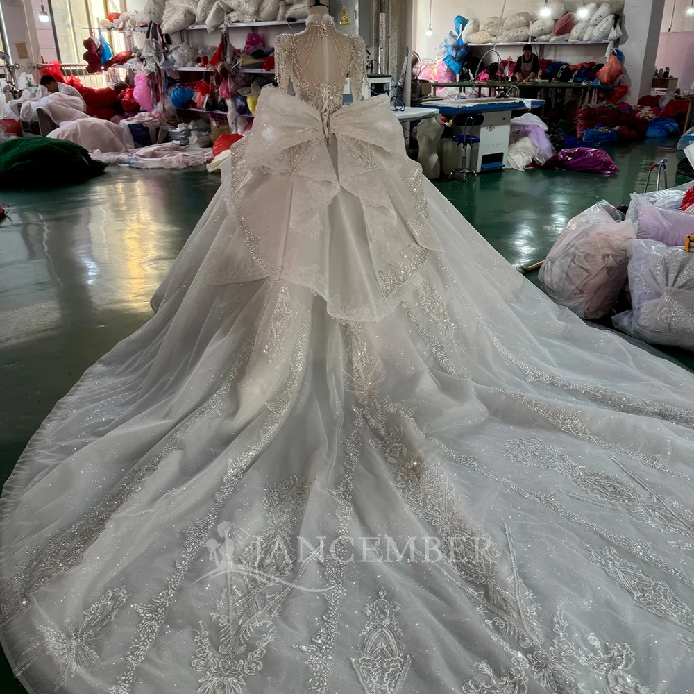 Gorgeous High Neck Ball Gown Wedding Dress Illusion Long Sleeves Customized Beaded Sequins Train Ruffles vestidos de novia
