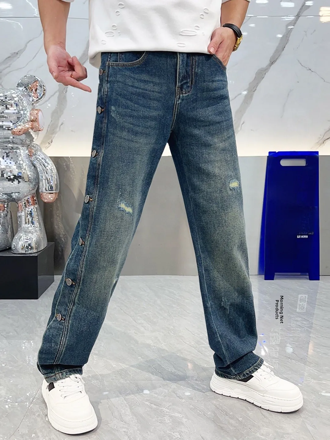 

Men's Straight Leg Jeans Autumn Faion Casual Loose Long Pants Side Button Hole Versatile Loose Fit Daily Wear Classic Blue