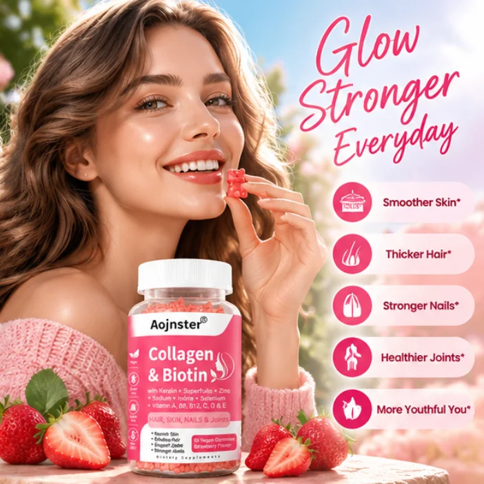 Collagen & Biotin Vegan Gummies with Keratin Superfruits Zinc Hair Skin Nails Joints Strawberry Flavor 60 Count