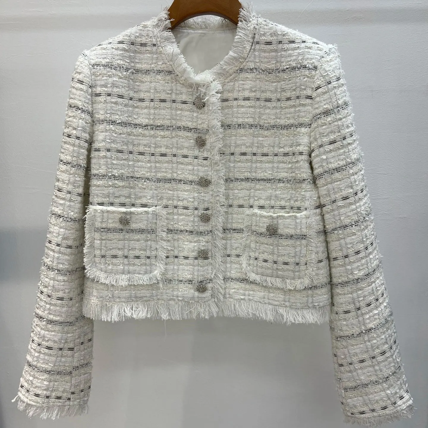 Women White Striped Boucle Tweed Short Jacket Fringe Trim Crystal Flower Button Cropped Outerwear for Ladies