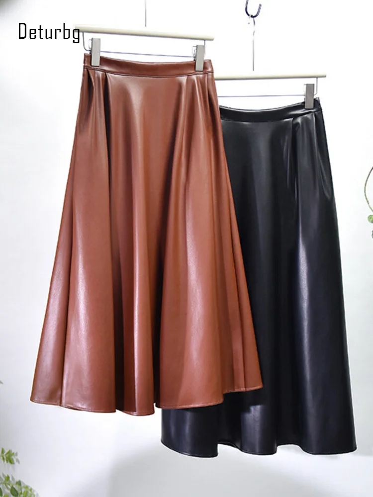 

Women's Brief Washed Leather A-Line Skirt With Pockets Side Zipper High Waist Cotton Liner Black PU Long Skirts 2024 Winter K207