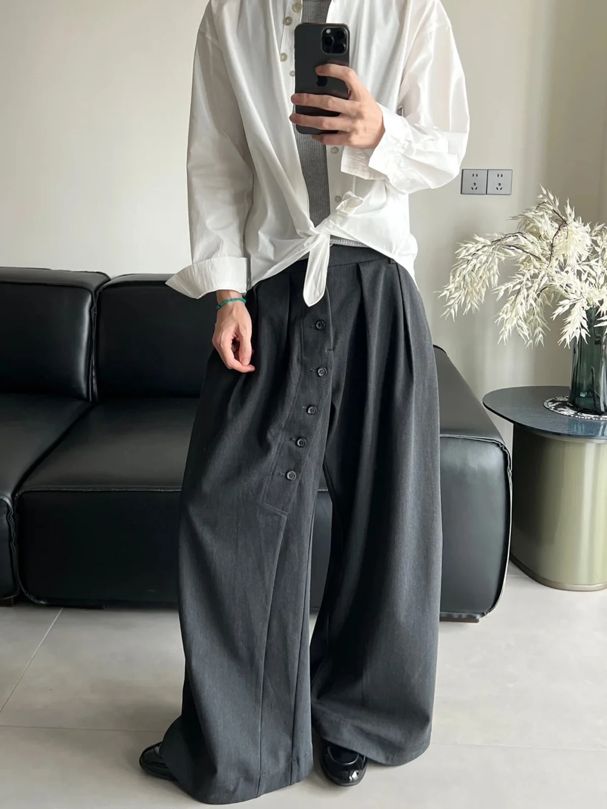 

Loose Fit Wide Leg Men's Casual Pants Spring New Sle CleanFit Trousers with Ring Button Living Pleats Youth Faion
