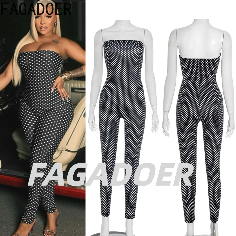 FAGADOER Vintage Fashion Polka Dot Print Jumpsuits Women Sleeveless Backless Bodycon Rompers Female Streetwear Overalls 2026 New