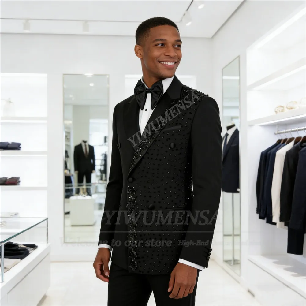 

Black Beaded Pearls Appliques Suits Men Slim Fit Double Breasted Jacket Pants 2 Piece Set Groom Tuxedos Customized Ropa Hombre