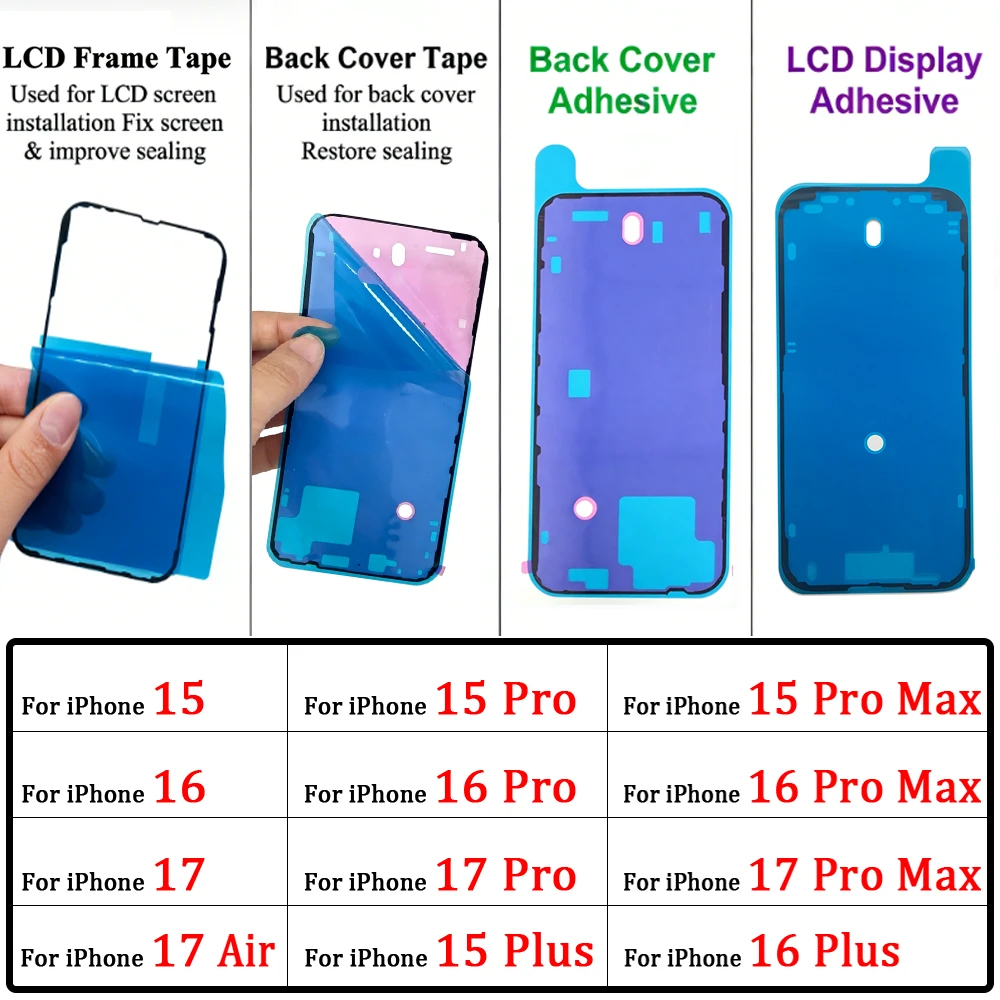 Image of 10 Stück, Wasserdichte Dichtungsaufkleber für die Rückseite des iPhone 15 16 17 Pro Max Plus Air, Rückrahmen, Display-Klebestreifen