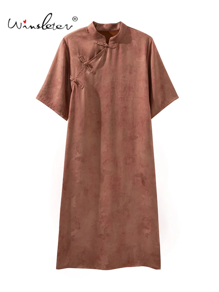 Winsleter-100%Real Silk Watered Gauze Elegant Dress, Stand Butterfly, Women Retro Casual Cheongsam Dresses, 2026 Summer D67608C
