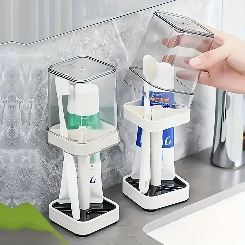 1 Soporte para cepillos de dientes con vaso para enjuague bucal, organizador de cepillos de dientes para parejas, caja de almacenamiento, juego de tazas minimalista para baño, con drenaje de polvo