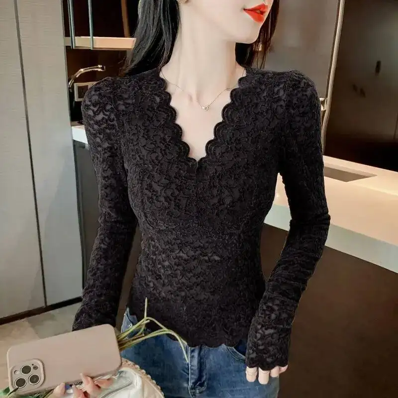 

Усовершенствованная базовая рубашка для женщин S, новый сексуальный полый v-образный вырез, универсальный кружевной топ в западном стиле, модный однотонный топ с длинными рукавами