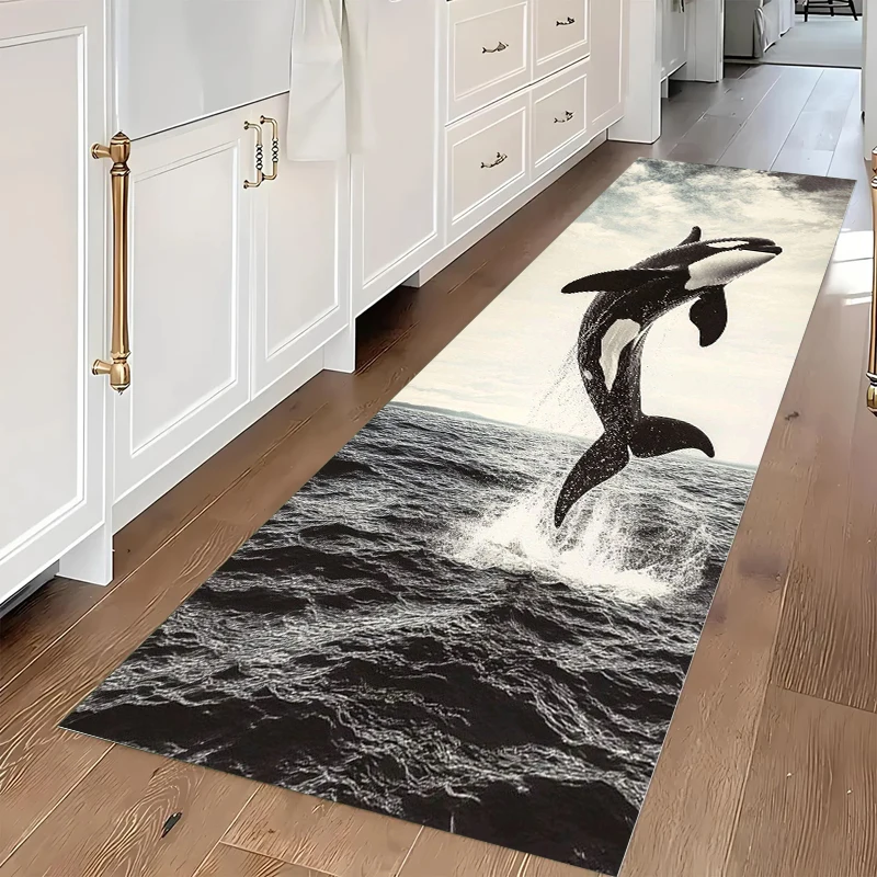 3D Whale Ocean Hallway Rug Runner Carpet Mat Blue Killer Whale Pattern Home Decoration Floor Rugs for Living Room Bedroom