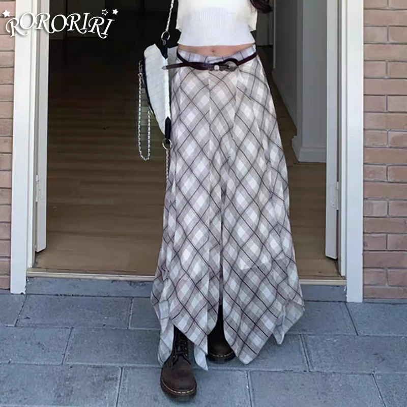 

RORORIRI контрастная винтажная клетчатая юбка нестандартной формы женская с низкой талией свободная повседневная длинная юбка трапециевидной формы с драпировкой макси летняя одежда для отдыха