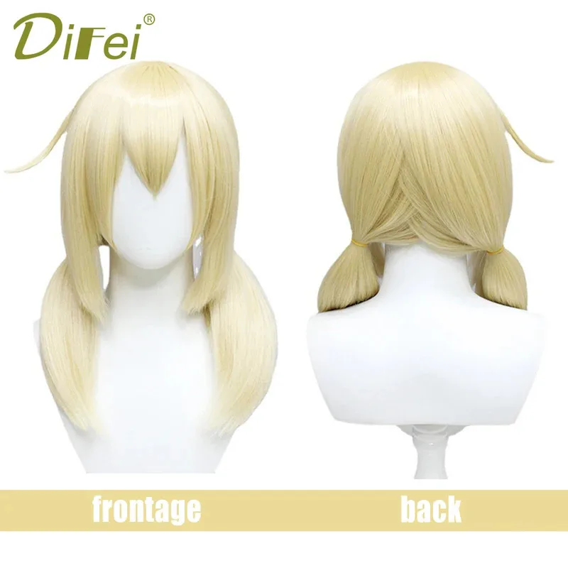 Peluca sintética juego Genshin Impact Spark Knight-Klee Cosplay dibujos animados pelo liso esponjoso doble cola de caballo peluca capucha