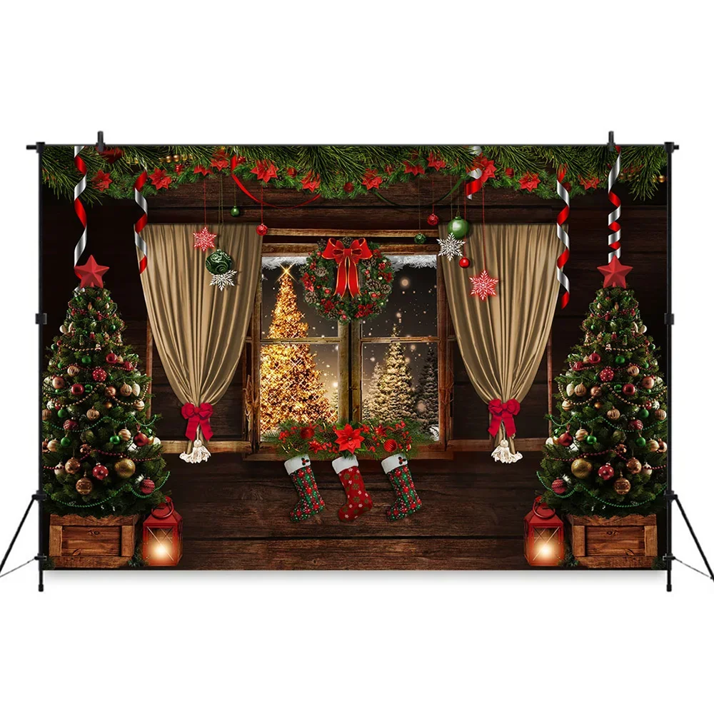 Mocsicka Christmas Decoration Photography Backdrop Xmas Tree Stocking Wooden Wall Curtain Window Background Family Baby Photo image 4