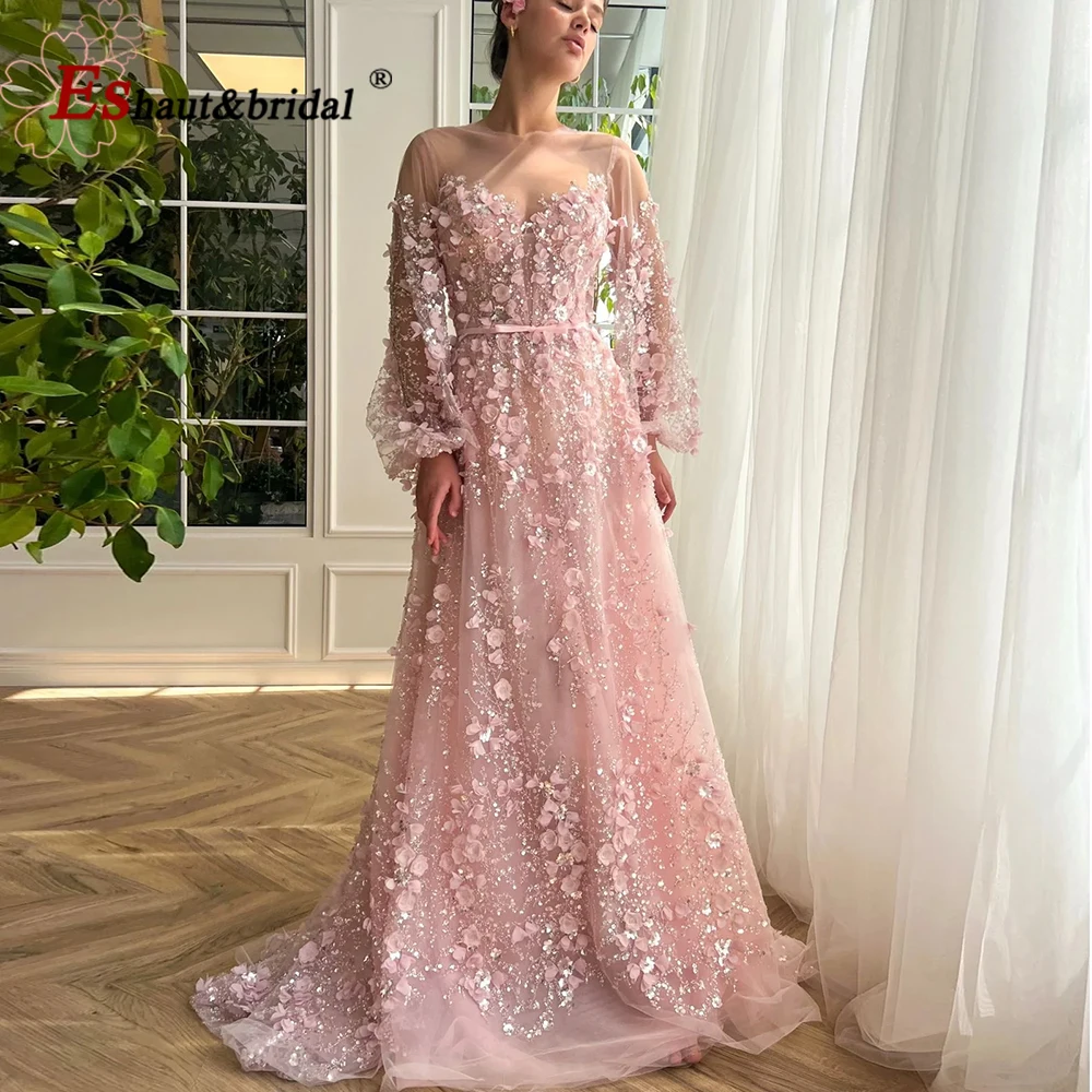 

Elegant Pink A-Line Evening Dress with 3D Flowers 2025 Luxury Long Sleeves Formal Prom Wedding Party Gown for Women Customized