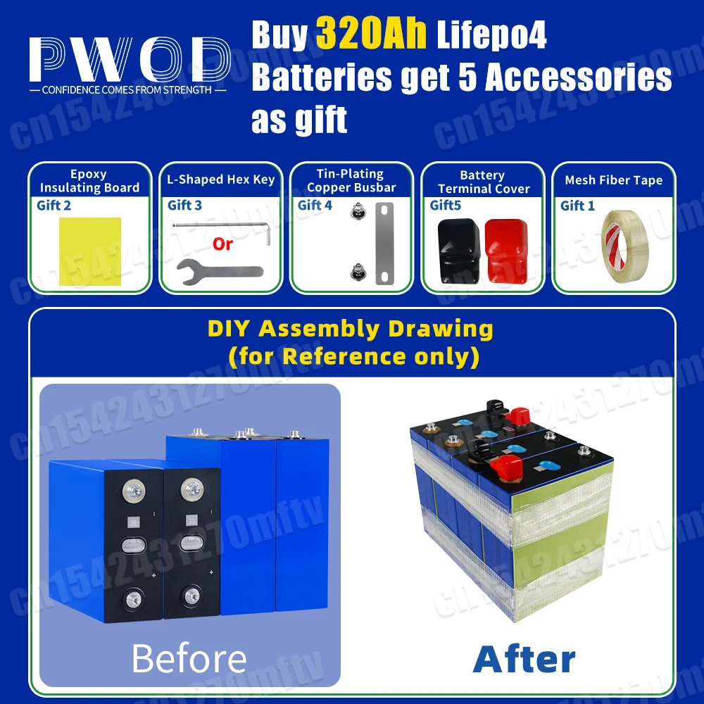 PWOD 3.2V Lifepo4 Battery 320Ah Grade A Battery 12V 24V 48V Rechargable Lithium Iron Phosphate Battery For Backup Power RV Boat