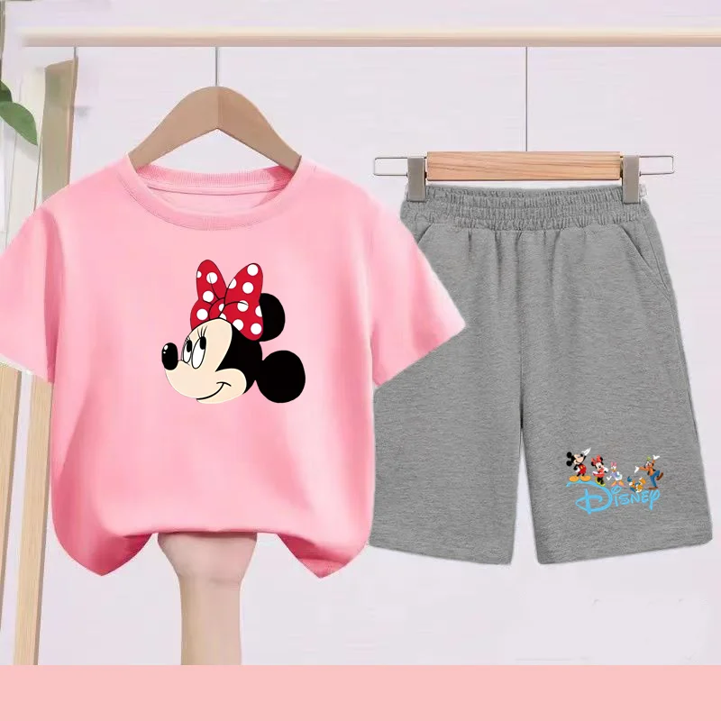 

Summer T-shirt 2pc Children Aged 3-14 Disney Minnie Print Comfortable Loose Round-neck Pullover Boys Girls Shirt Sportswear Sets
