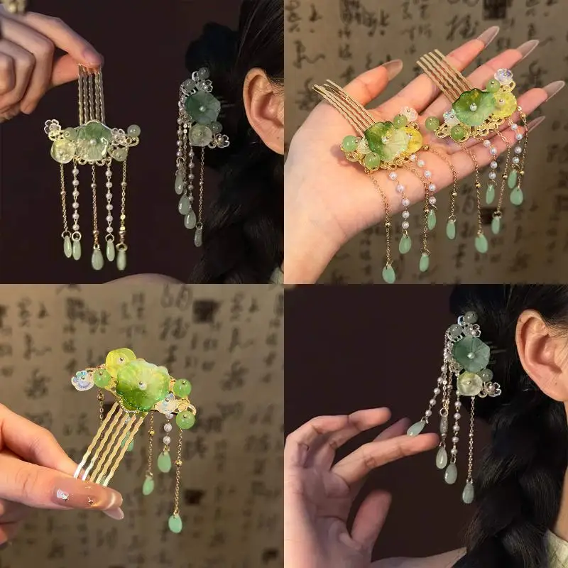 1/2pcs Chinese Lotus Leaf Flower Hairpin Alloy Jewelry Hair Stick Trendy Long Tassel Hairpin For Women Girls Hair Accessory