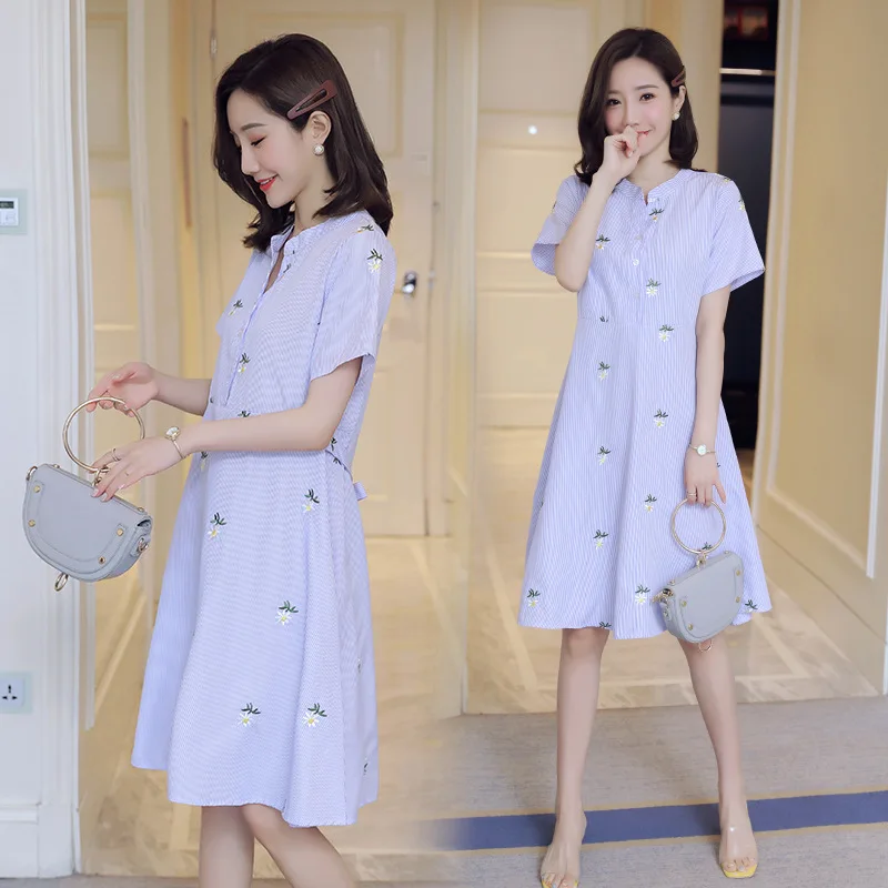 Women Maternity Dresses Pregnancy Dress Summer Fashion Striped Embroidered Plus Size Breastfeeding Dress Clothes