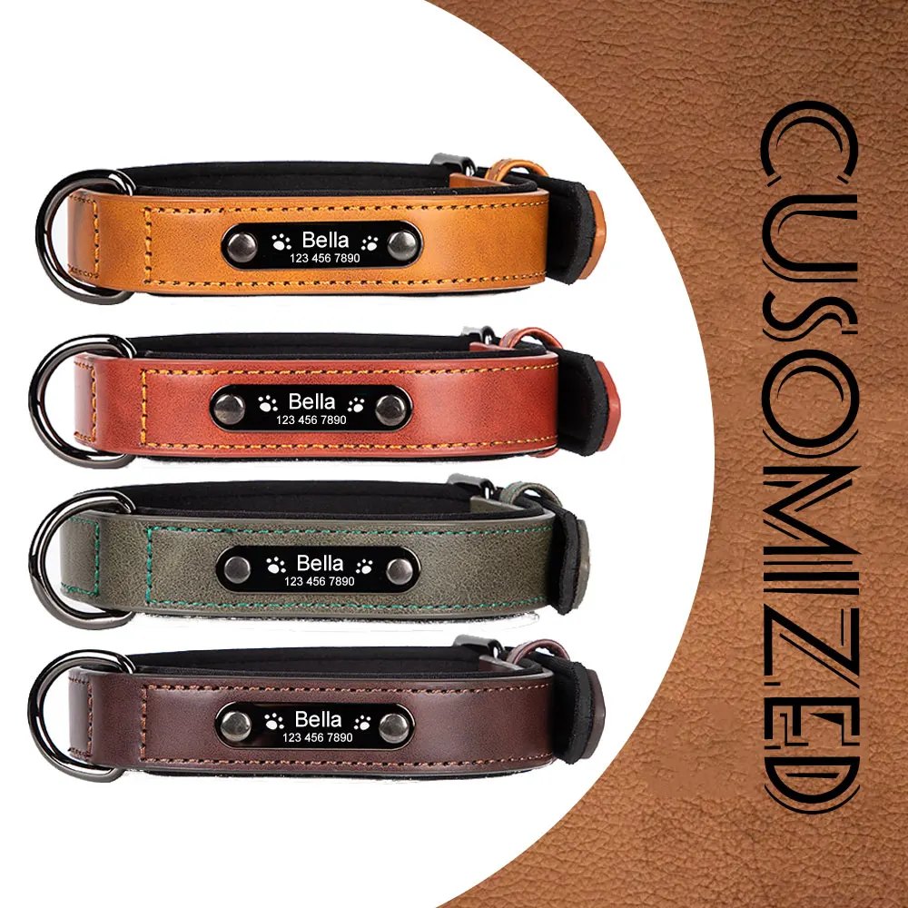 Personalized Leather Dog Collars Breakaway Padded Engrave Name Customized Dog Collars Dog Leash for Small Large Dog Accessories