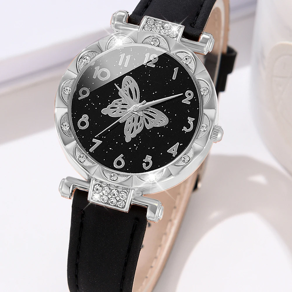 Black 6PCS Women Watch Butterfly Element Dial Quartz Wristwatch Leather Strap Watch Butterfly Jewelry Set Gift For Girls