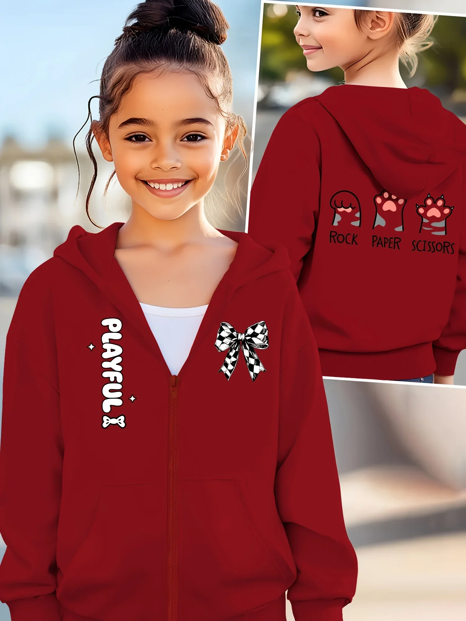Teen Boys Girls White Cute Cat Paw Printed Zip Up Sweatshirt Hoodie Checkered Bow School Outfits Fall Winter Birthday Gift