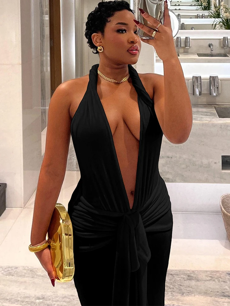 

Macheda Sexy Halter Dress Women 2025 Summer Sexy V-Neck Thin Y2K Backless Knot Ribbon Birthday Party Peach Buttocks Long Bodycon