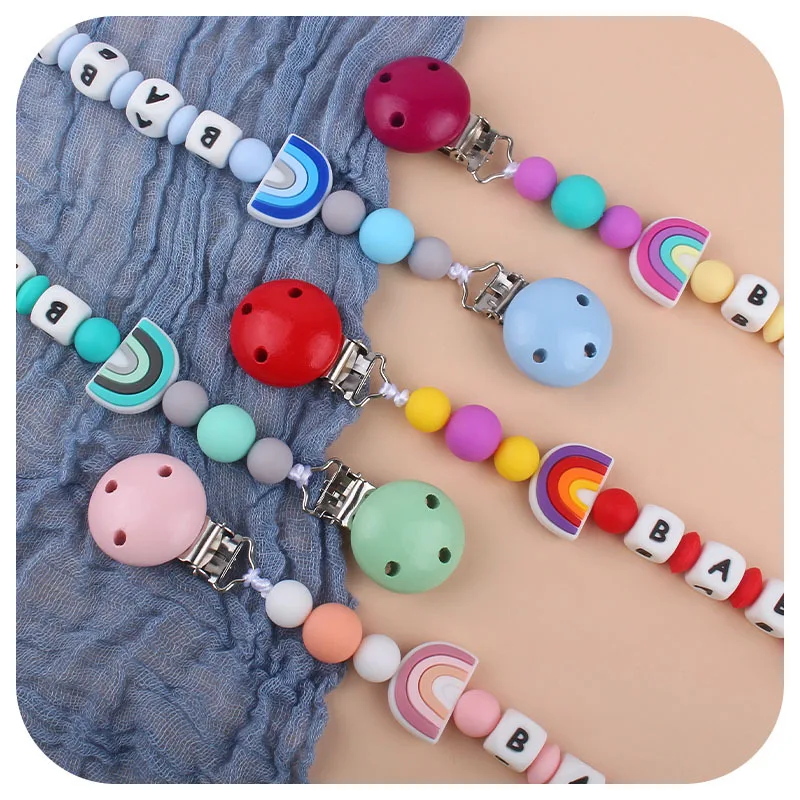 Baby Pacifier Clip Chain Personalized Name Silicone Rainbow Teether Dummy Nipple Holder Clips Accessories Teething Toys BPA Free