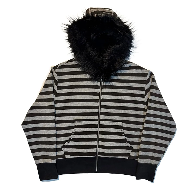 Sudadera con capucha gótica punk grunge con cuello de piel, sudadera unisex con diseño de diamante a rayas y cremallera, ropa informal estética Harajuku de los años 2000