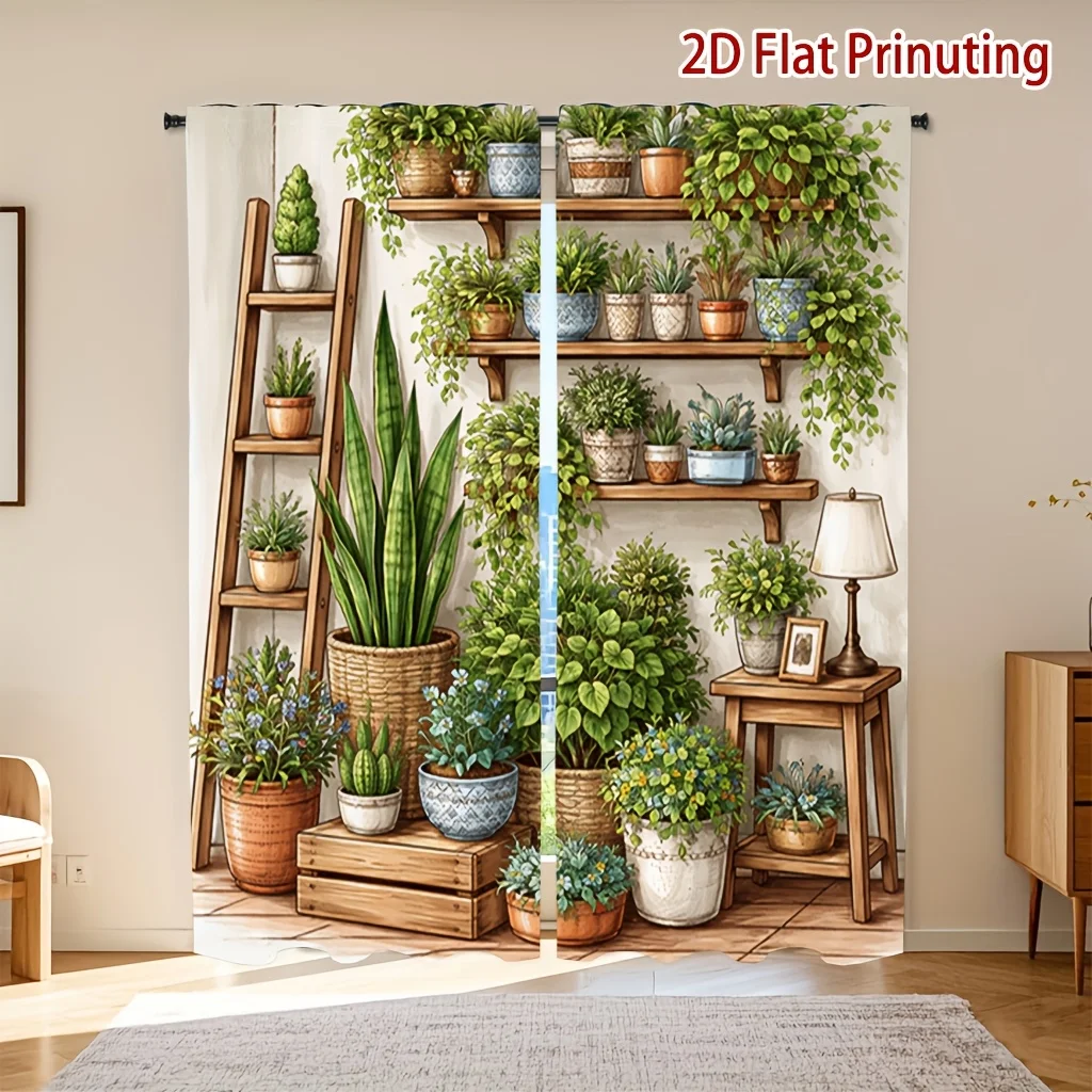 2PCS Digital Print Curtains Potted Succulent Plants Botanical Rod Pocket