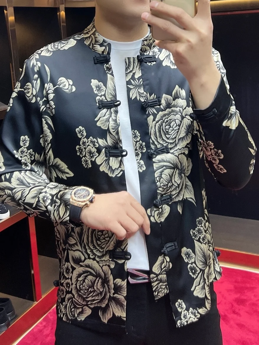 

Slim Fit Men's Spring Summer Thin Tang Suit irt Trendy Versatile Long Sve Stand Collar Casual Faion Outerwear Top