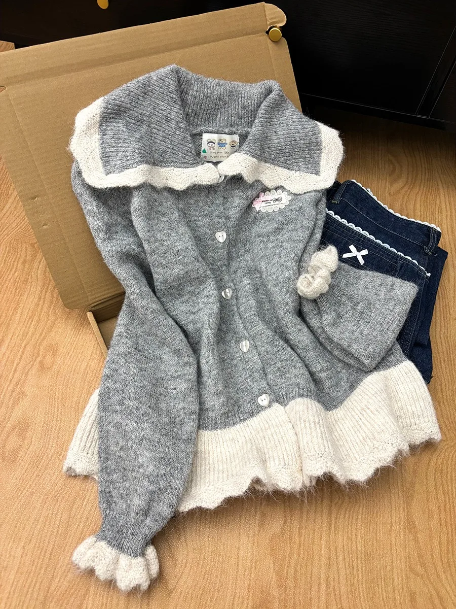 

Sweet Navy Collar Doll Collar Knitted Sweater Women's Autumn Winter Long Sleeve Loose Open Cardigan Top Korean Style